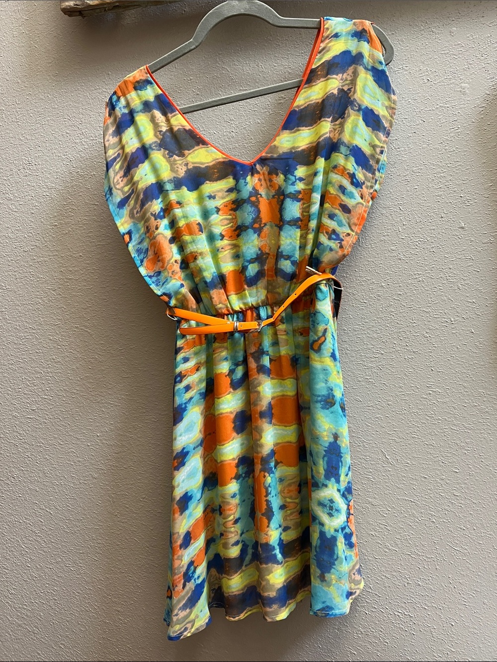GB  Vibrant Watercolor Mini Dress with Orange Belt
